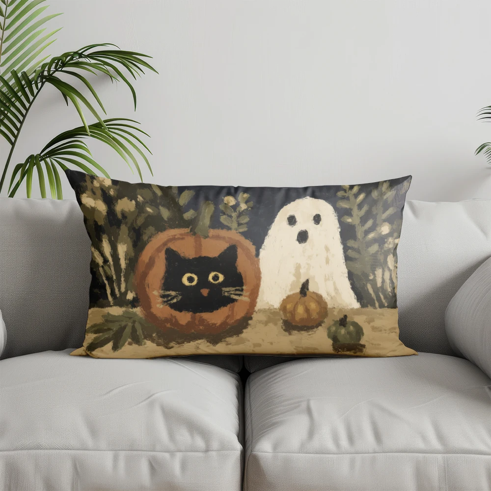 Home Decor Halloween Cat & Ghost Pillow Suitable For Sofa Bedroom Car Pillow Cover Cushion Rectangular Back Cushion