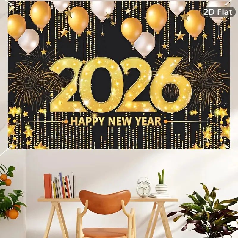 1 قطعة 2DPlane2026 قماش خلفية السنة الجديدة - تصميم بالون الألعاب النارية باللونين الأسود والذهبي، لا يتطلب إمدادات الطاقة #4