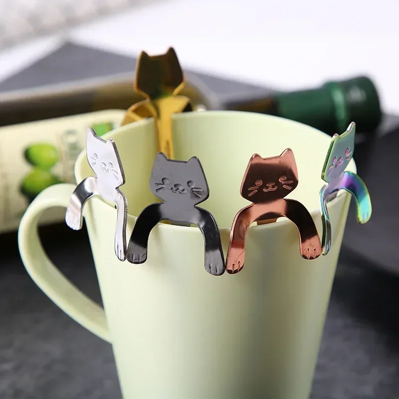 Outdoor 2PCS Stainless Steel Hanging Cup Teaspoons Cute Kitten Stirring Spoon For Dessert Drink Mixing Milkshake Kitchen Supply