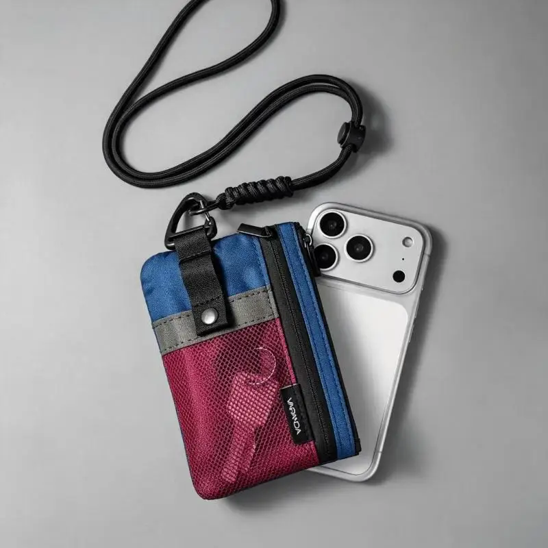 Kleines Minimalistisches Portemonnaie für Damen und Herren mit RFID-Schutz, Reißverschluss-Münzfach mit Ausweisfenster und Schlüsselanhänger, Reise-Lanyard-Geldbörse – Detail 3