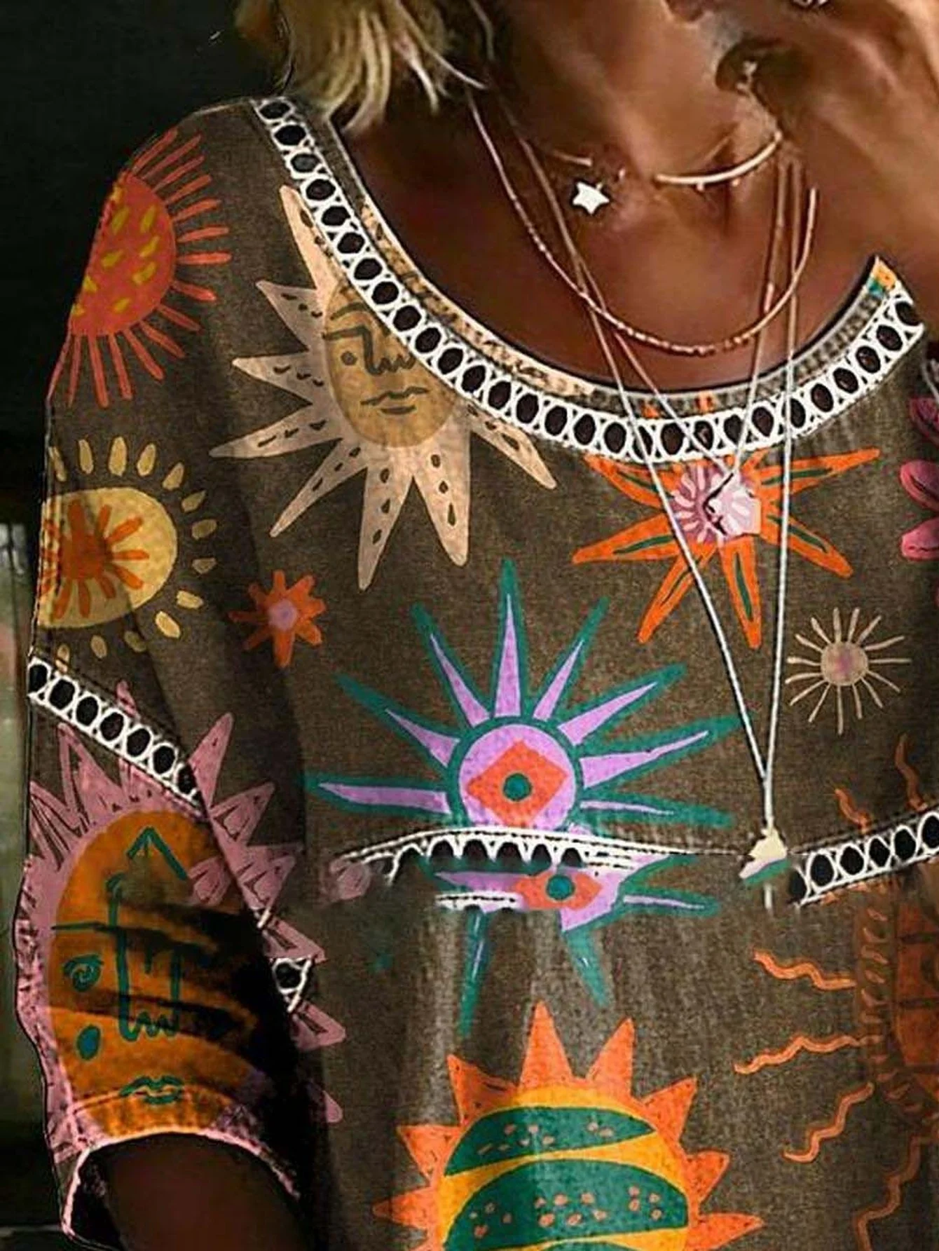 Women Plus Size Blouse 3D Sun Print Long Sleeve Loose Fit Boho Tunic Top