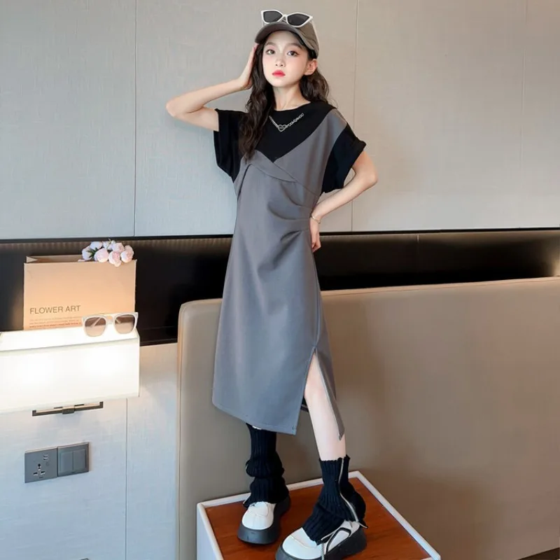

Girls Fashion Short-sleeved Dress Simple Summer 2024 New Children's Summer Grey Elegant Long Skirt