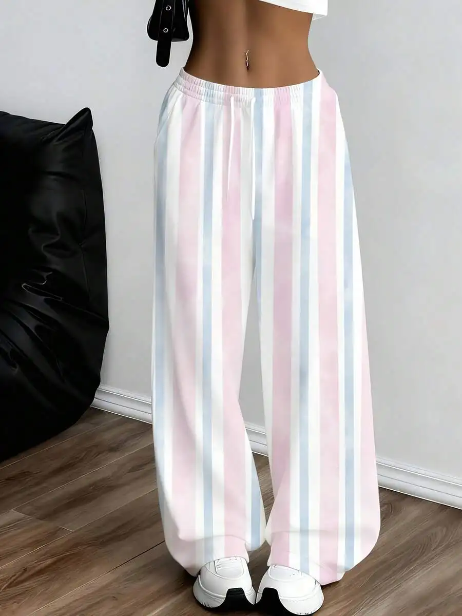 Striped Loose Fit Sweatpants Long Pants Pink Blue White Vertical Stripes Casual Wear Suitable For Leisure And Sports Scenarios