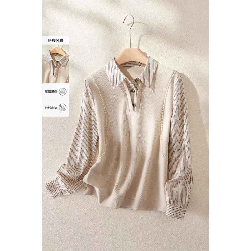 

2025 spring new women's clothing simple temperament fake two-piece contrasting color splicing striped versatile long-sleeved top