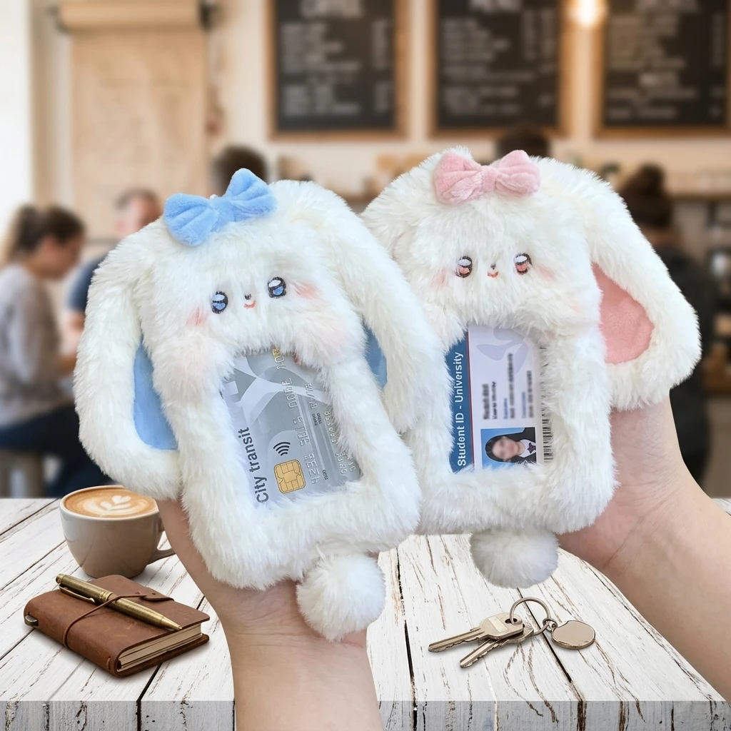 Lindo Portafotos de Peluche de Conejito, Porta Tarjetas de Identificación para Estudiantes, Conejo con Diseño de Lazo, Álbum de Fotos, Protector de Fotos, Regalo para