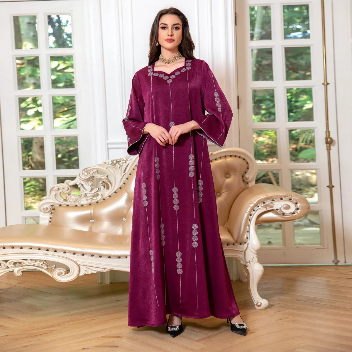 

Eid Muslim Party Dress for Women Arab Dubai Satin Abayas Ramadan Elegant Diamond Lady Long Dress Fashion Long Sleeved Loose Robe