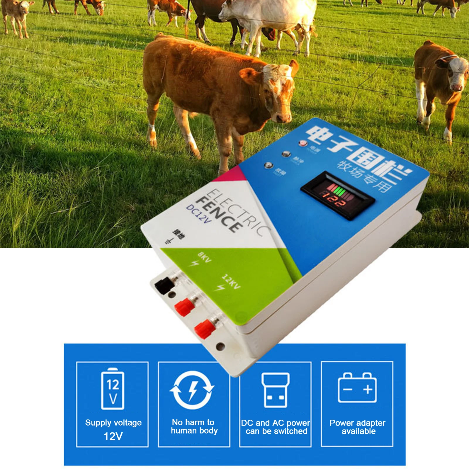 10/20km Electric Fence Energizer High Voltage Pulse Controller DC 12V Animal Husbandry Electronic Fence Livestock