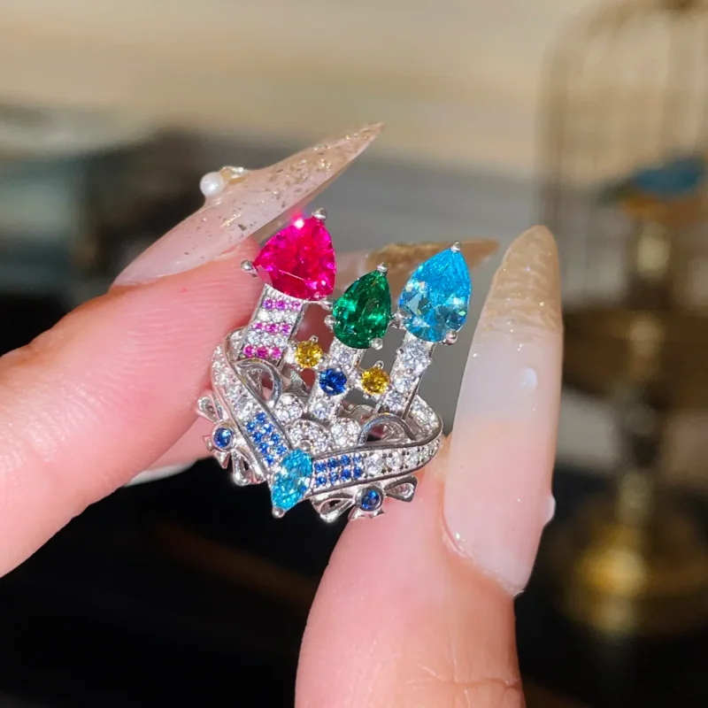 

BELLUX 925 Silver Synthetic Zircon Ring Fashion Ruby Emerald Sapphire Castle Full Diamond Ring