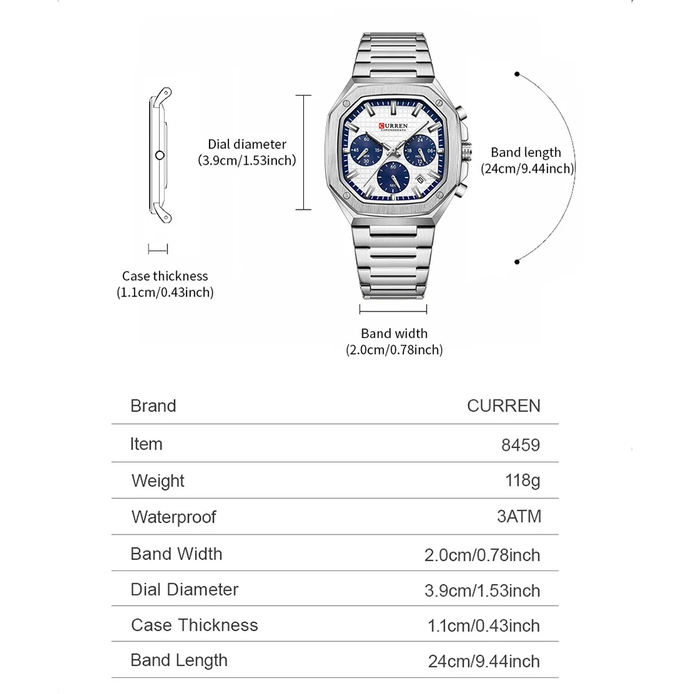 CURREN Fashion Men\'s Wristwatches White Chronograph Dial Classic Sporty Style Luminous Hands Quartz Watches Stainless Steel band