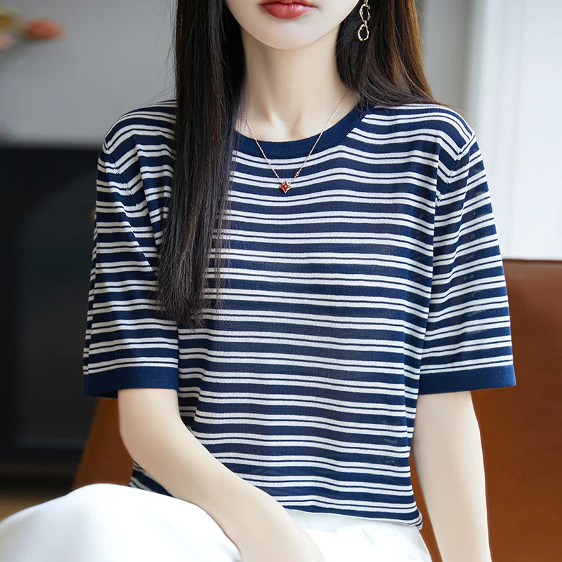 

Полосатая футболка с круглым вырезом, женская летняя футболка из лиоцеллового тенселя с v-образным вырезом, тонкий топ с короткими рукавами, женская одежда