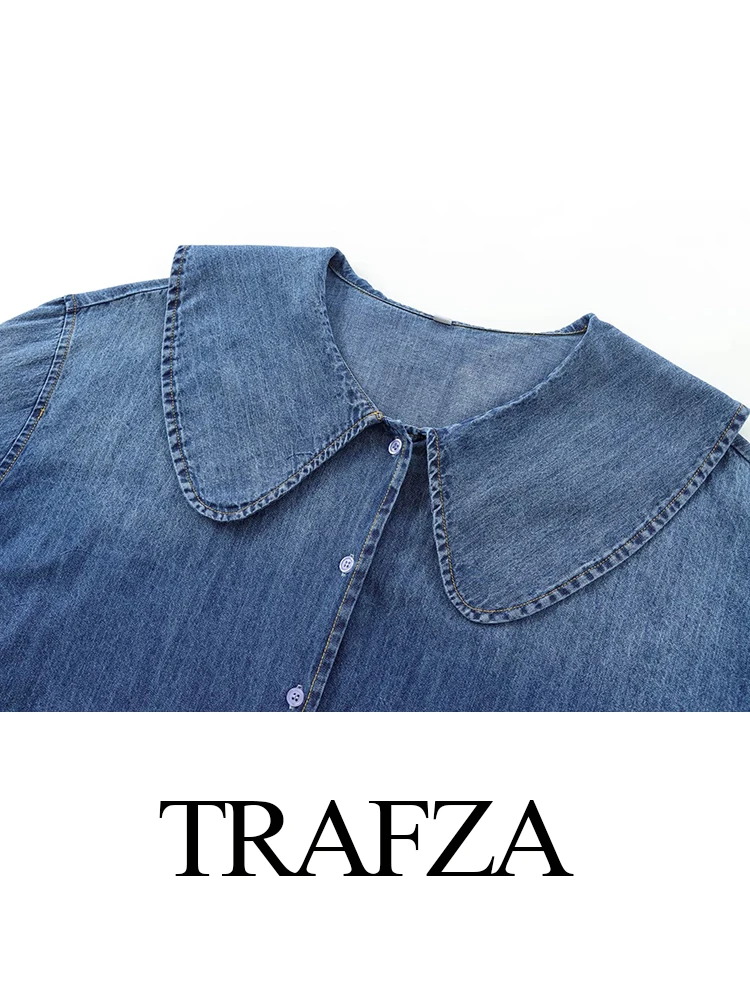 TRAFZA-Camisa jeans de manga comprida de peito único feminina, lapela redonda pequena, camisa casual elegante, moda rua alta