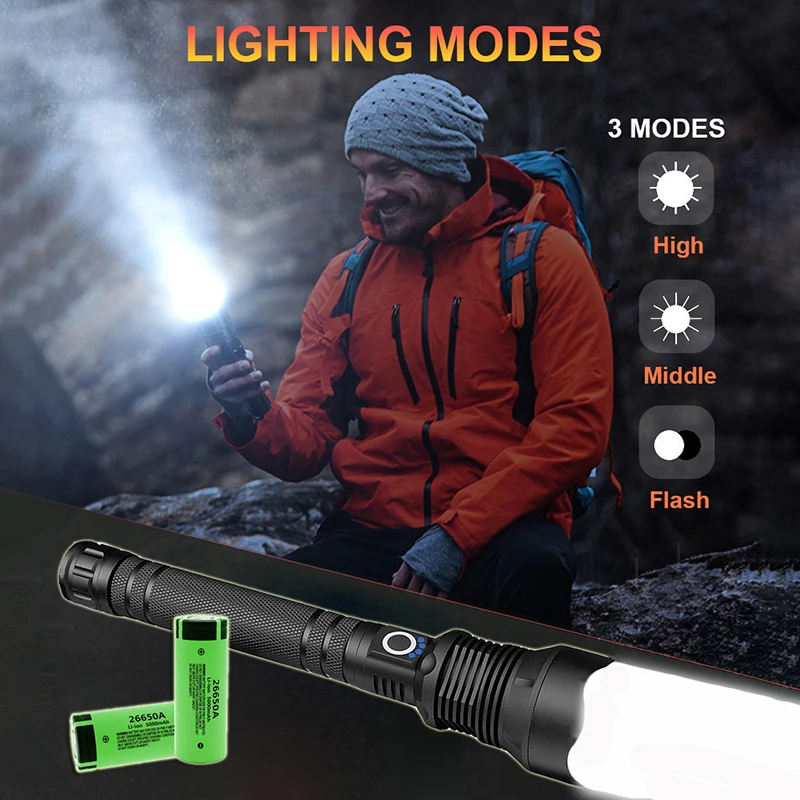 120000 High Lumens LED Rechargeable Tactical Laser Flashlight Outdoor Lighting Waterpoof Climbing Camping COB Zoomable Light