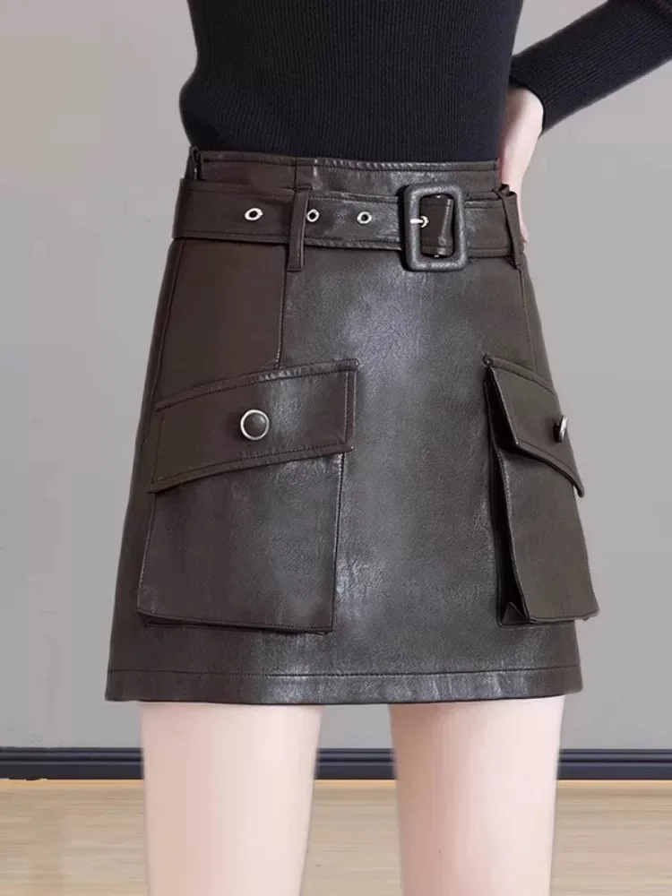 Y2K بو الجلود تنورة النساء ملابس العمل عالية الخصر التخسيس ألف خط الورك المعانقة قصيرة الخريف #3