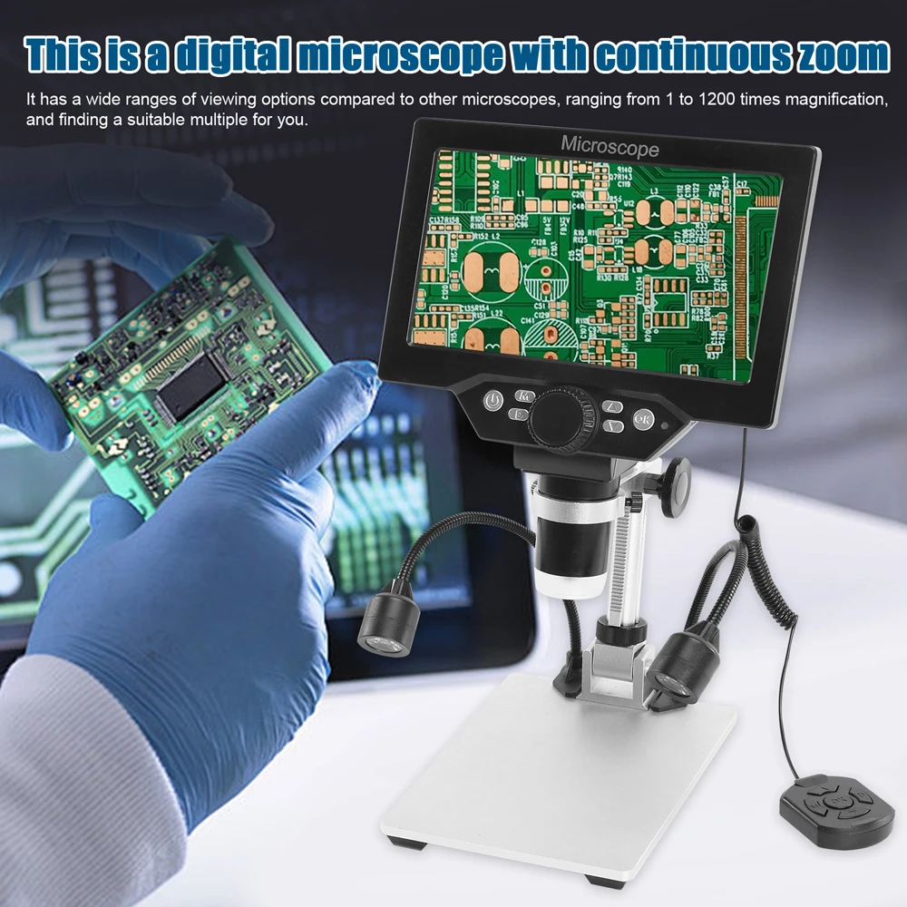 B1200 Digital Microscope LCD Display 7 Inch Large Color Screen 12MP 1-1200X Continuous Amplification Magnifier with Metal Stand