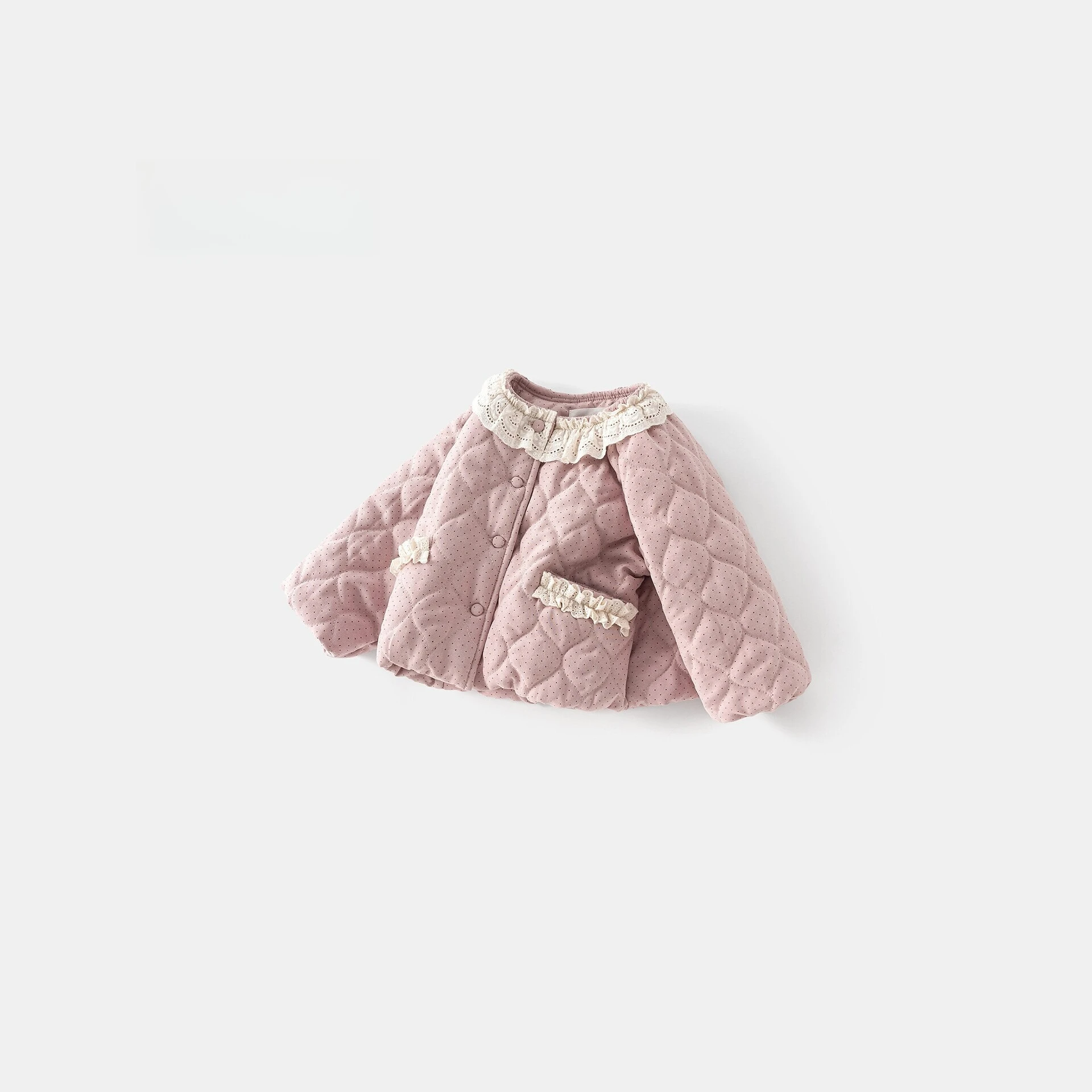 Girls Nice Parkas 2026 Autumn Winter New Kids Quilted Pink Polka Dot Lace O-neck Single Breast Coat