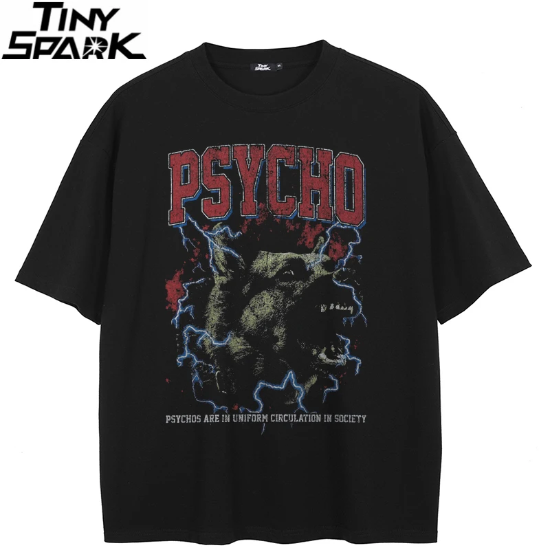 2024 T-Shirt Streetwear Psycho Dog Graphic T Shirt Cotton Hipster Men Tshirt Unisex Tops Tees Black Hip Hop