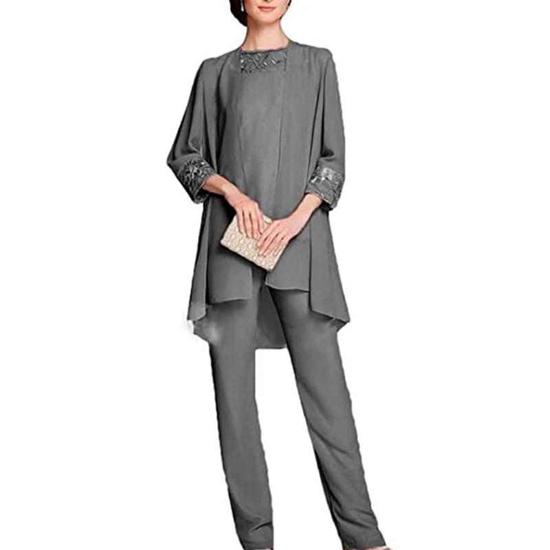 

Chiffon Pantsuit Dark Gray 3 Pieces Appliqued Long Sleeves Jacket Straight Pants Elegant Mother of the Bride Dresses for Wedding