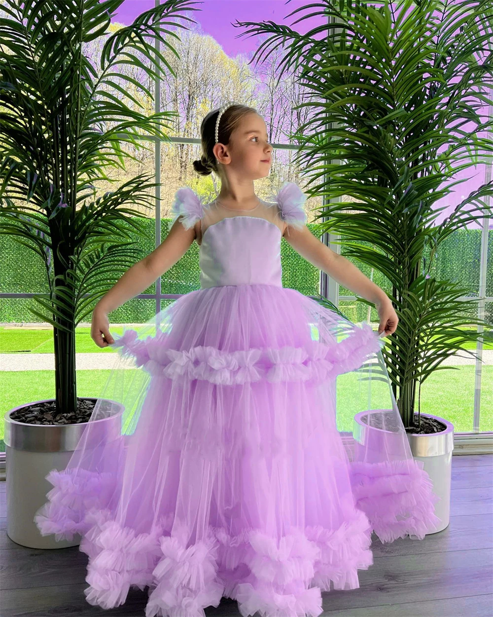 Green 2024 Flower Girl Dress For Wedding Pleated Puffy Tulle Birthday Party Pageant Kids Princess First Communion Ball Gowns