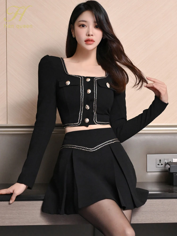 H Han Queen Elegant 2024 Spring Sets For Women 2 Pieces Short Tops + A-Line Skirts Casual Simple Office Skirt Set Woman Clothing