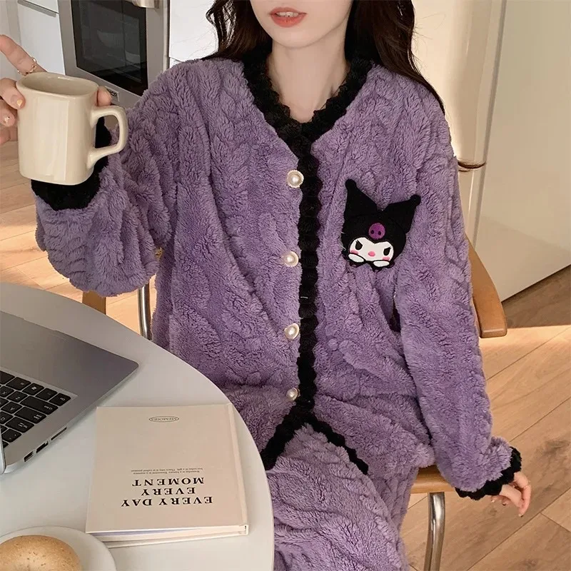 Sanrio Kawaii Kuromi Pajamas Anime Cartoon Melody Cinnamoroll Pochacco Plush Homewear Sleepwear Girl Autumn Winter Nightwear Set