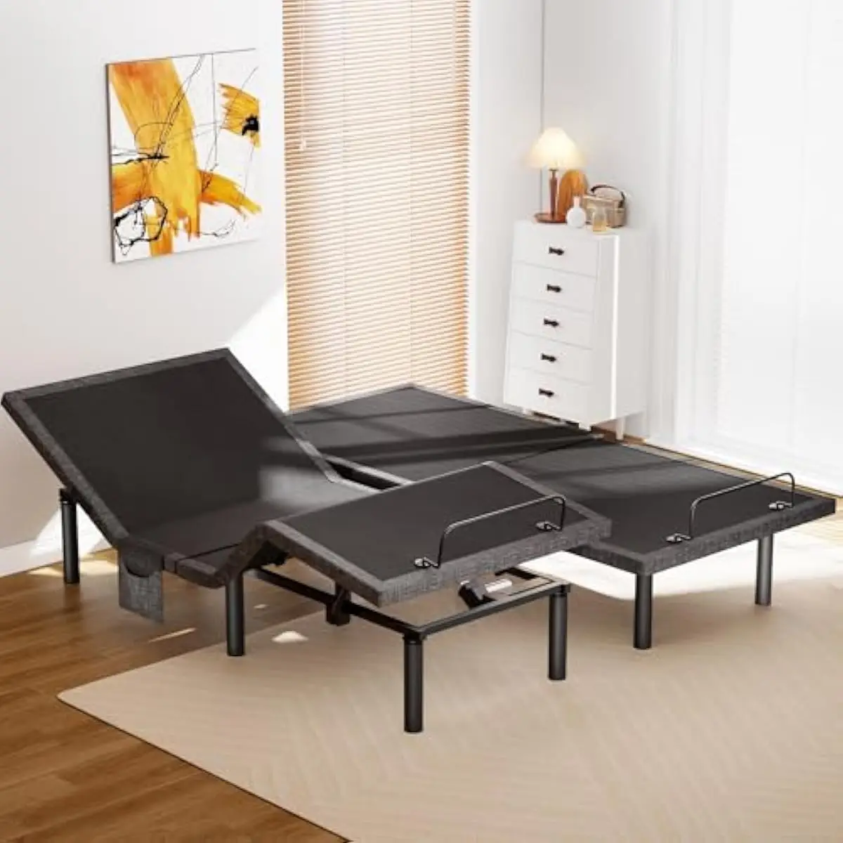Split King electric bed base with dual USB charging ports LED underlighting head tilt up to 65° foot lift 45° steel construction