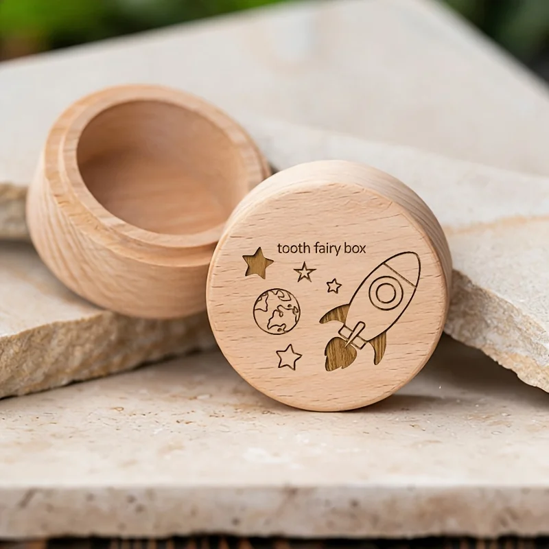 1pc Wooden Tooth Fairy Box with  Star and Rocket Pattern Design Umbilical Cord Souvenir Box Tooth Preservation Box Tooth Storag