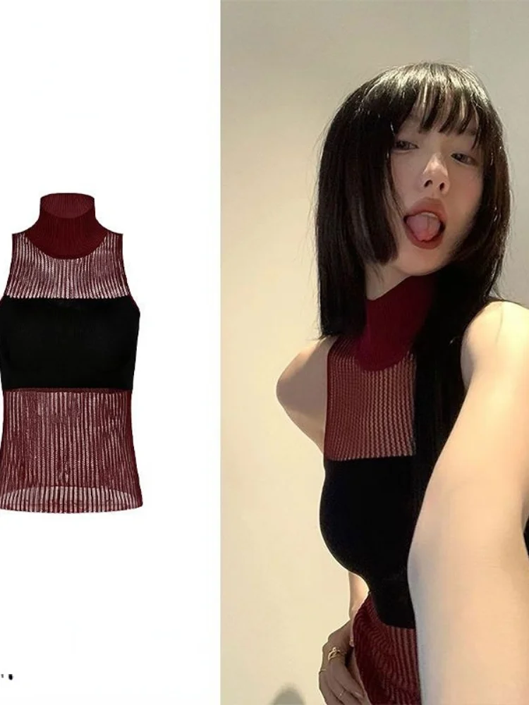 2024 Summer Y2k Aesthetics Knitted T-shirt Women Korean Fashion Turtleneck Tees Contrast Tank Tops Sleeveless Thin Sexy Crop Top