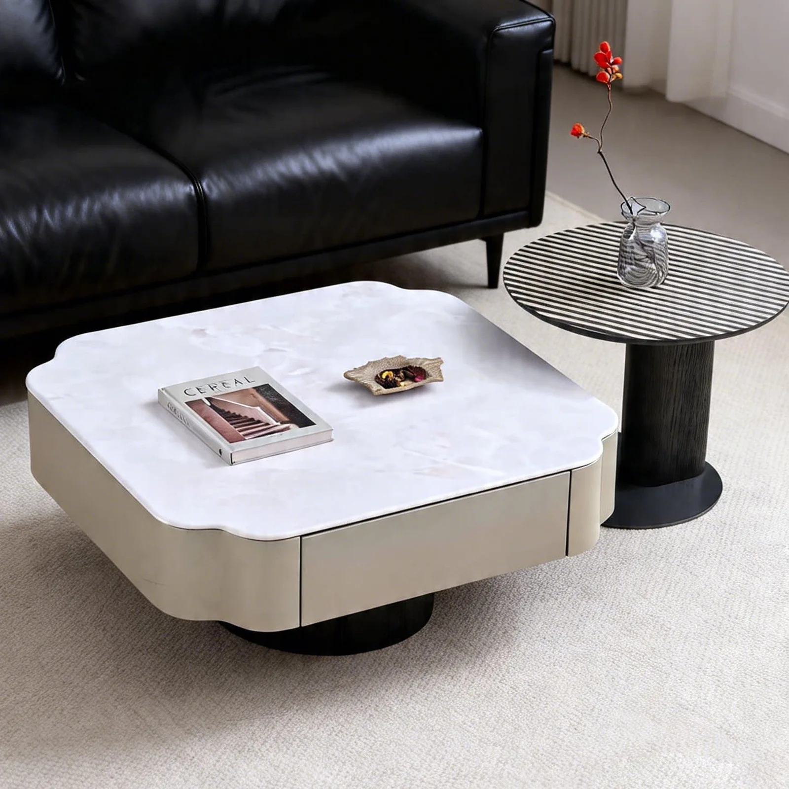 Long cabinet modern simple square microcrystalline stone coffee table size high and low combination living room