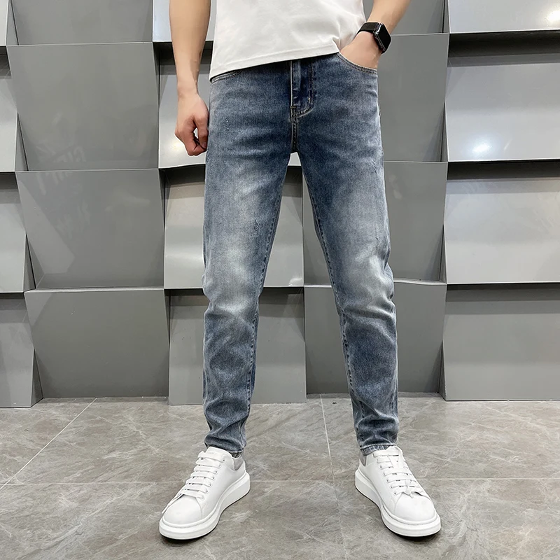 Light luxury all-matching jeans men's street fashion simple casual elastic trend Korean high-end slim fit tapered pants