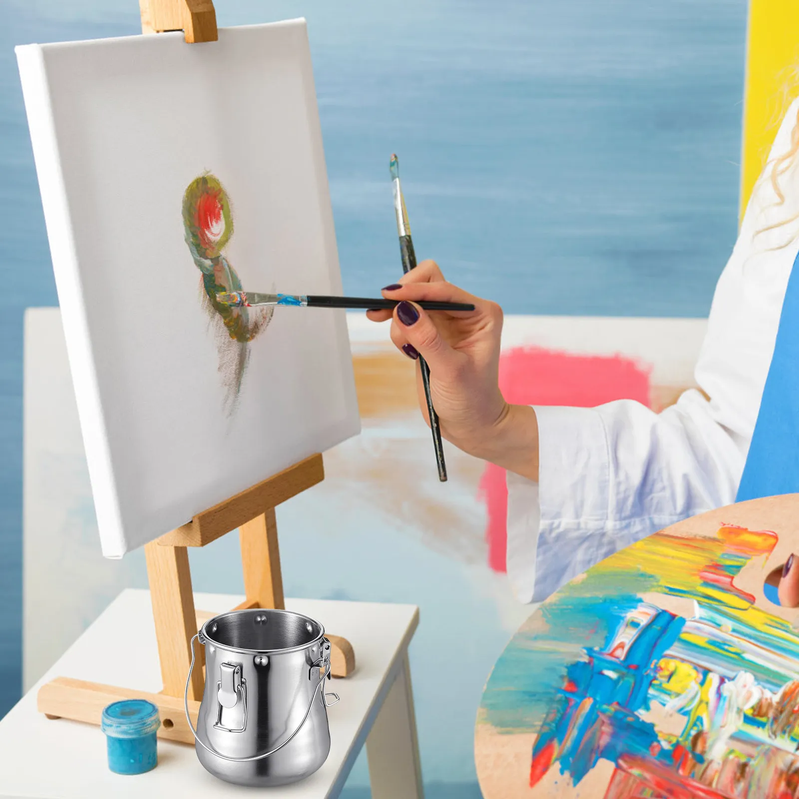 Heavy Duty Stainless Steel Brush Wash Bucket with Snap Cover Portable for Watercolor Oil Acrylic Painting Outdoor Sketching
