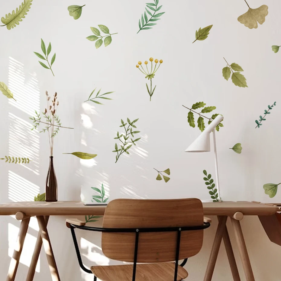 

Boho Green Leaves Hand Drawn Watercolor Wall Stickers Nursery Art Kids Room Removable Wall Decals Living Room Home Decor