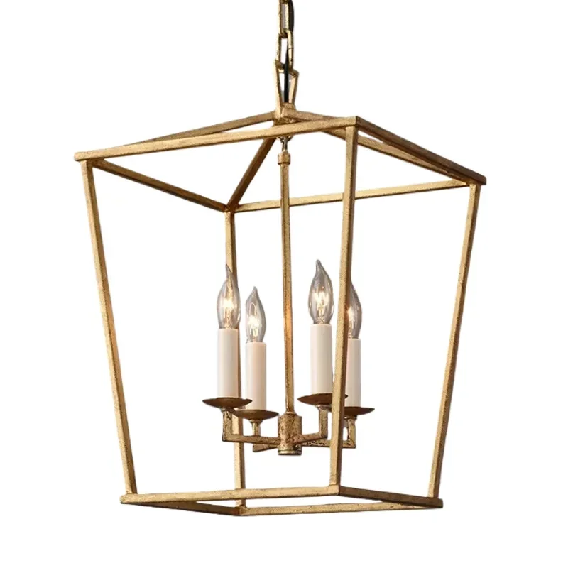 American Vintage Birdcage Pendant Light 4-Light Candle Chandelier Metal Lantern Hanging Ceiling Lamp for Dining Room Living Room