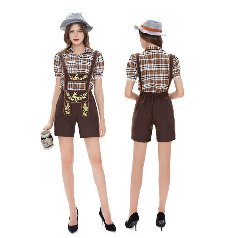 German Oktoberfest Costumes Set Women Bavarian Hat Beer Shirt Plaid Bavarian Stage Pants Short