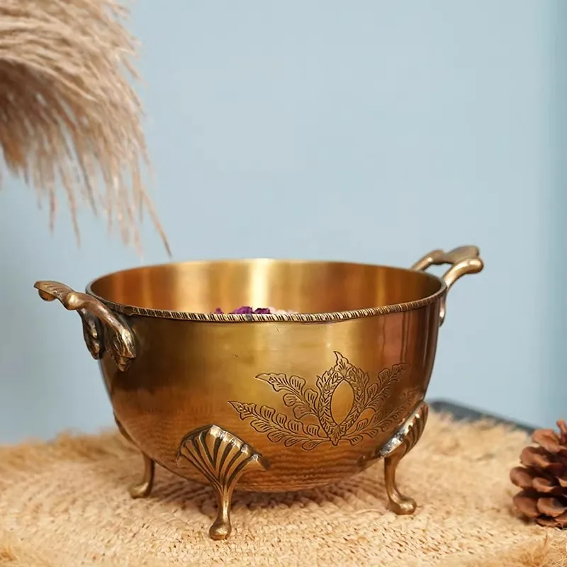 India imported brass retro fruit bowl, household living room dining table round decorative storage bowl copper fruit basket