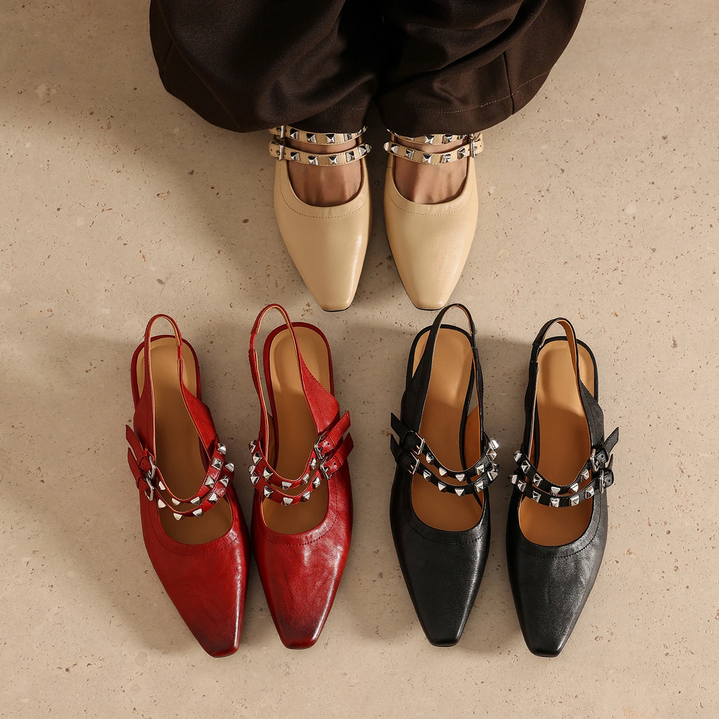 2026 new summer women sandals natural leather 22-25cm cowhide+sheepskin square toe back-buckle rivet mules women slippers