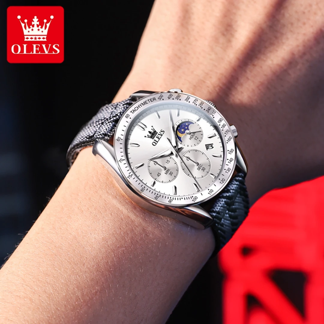 OLEVS 3630 Sport Quartz Watch Gift Round-dial Nylon Watchband Wristwatch Moon Phase Calendar Luminous
