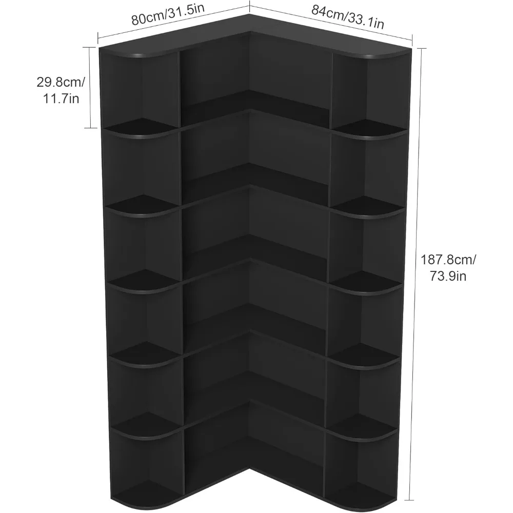 74” Tall Corner Bookshelf, 6-Tier Bookshelf and Bookcase with Open Storage, L Shaped Tall Bookcases Wooden Storage Shelves