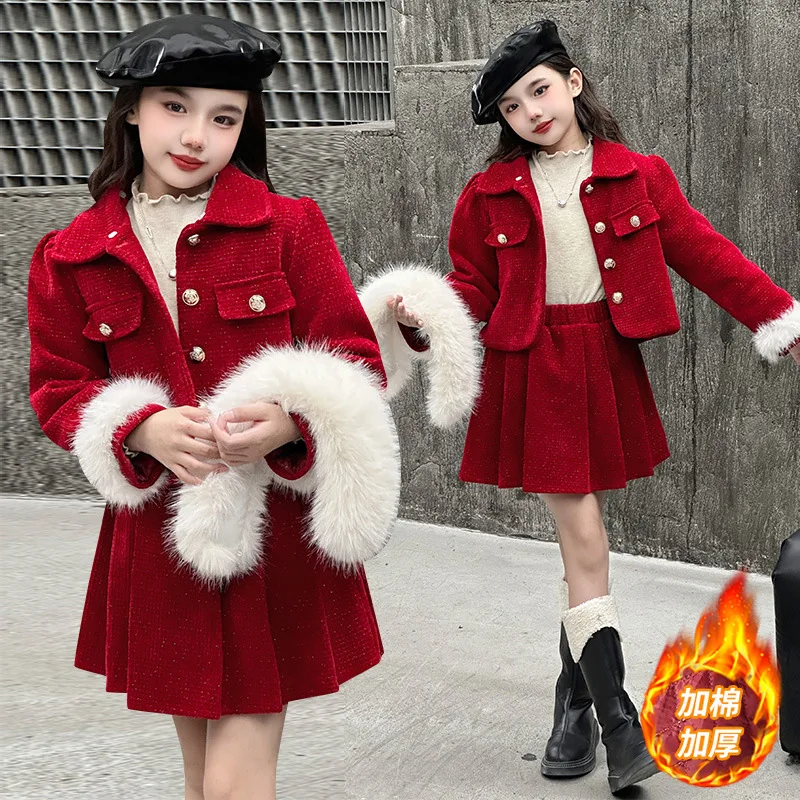 winter design chic teen girl clothing set French Thick cotton fur collar jacket+Pleated skirt 2pcs junior kid suit child outfits