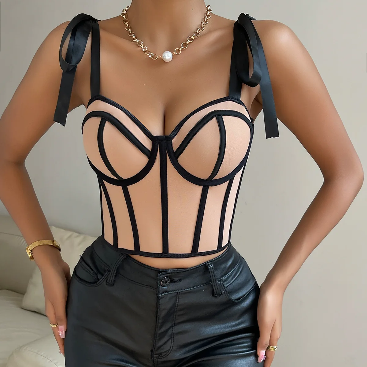 

Women Sleeveless Lace-up Corset Tops Summer Bow Lingerie Bustier Open Back Slim Halter Tank Top Caimsole Fashion Vest Streetwear