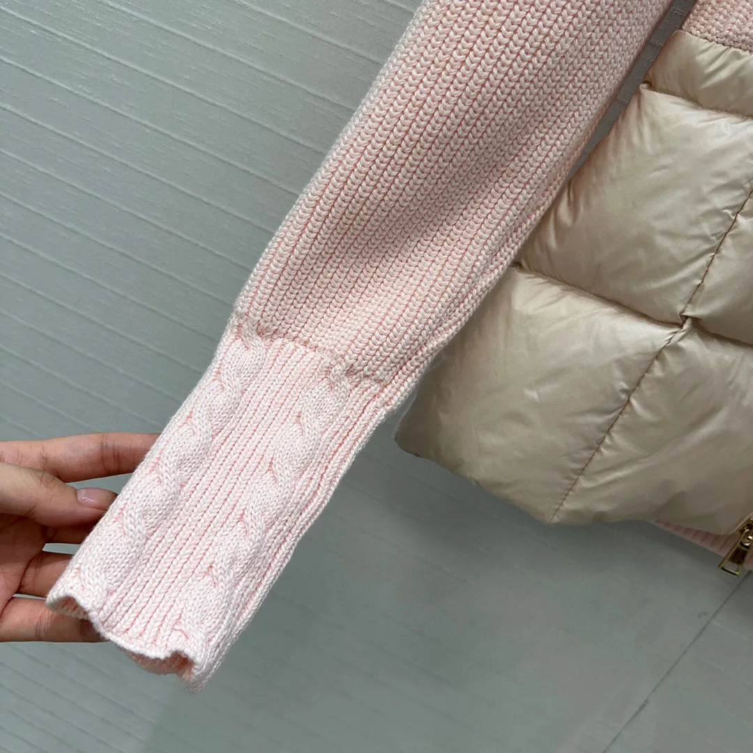 2025 nuevo Otoño Invierno abrigo de plumas de ganso blanco mujer cuello alto manga larga tejido Patchwork bolsillos cremallera chaqueta Casual delgada