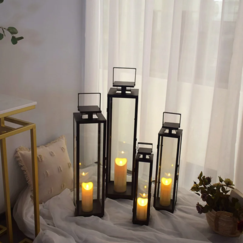 Wrought Iron Glass Windproof Candle Holder Black Large Nordic Candle Holder Lantern Outdoor Home Decoration