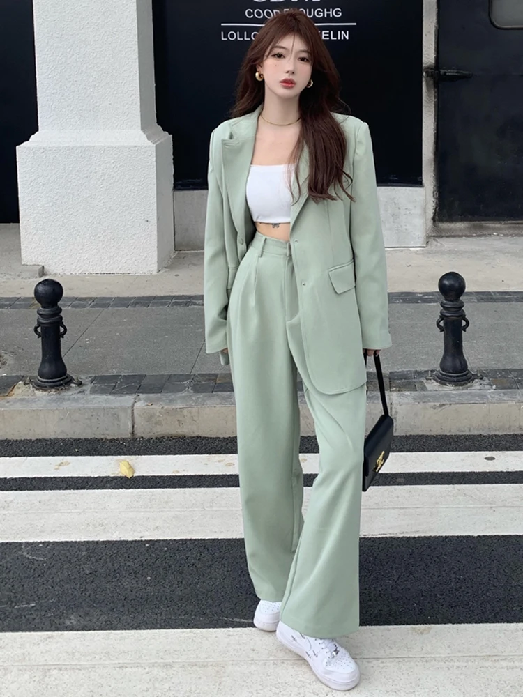 Women\'s Trousers Blazer Suit Female Casual Long Sleeve Jacket & High Waist Wide Leg Pant Ladies Fashion Outfit Elegant Tops Set