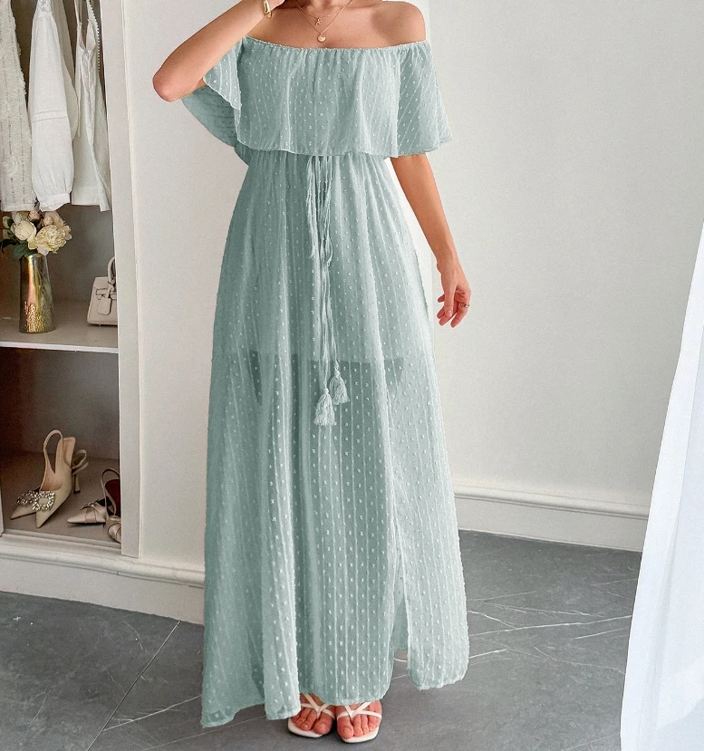 

Casual and minimalist style off shoulder semi transparent slim fit long dress, solid color jacquard lace up one neck slim fit dr