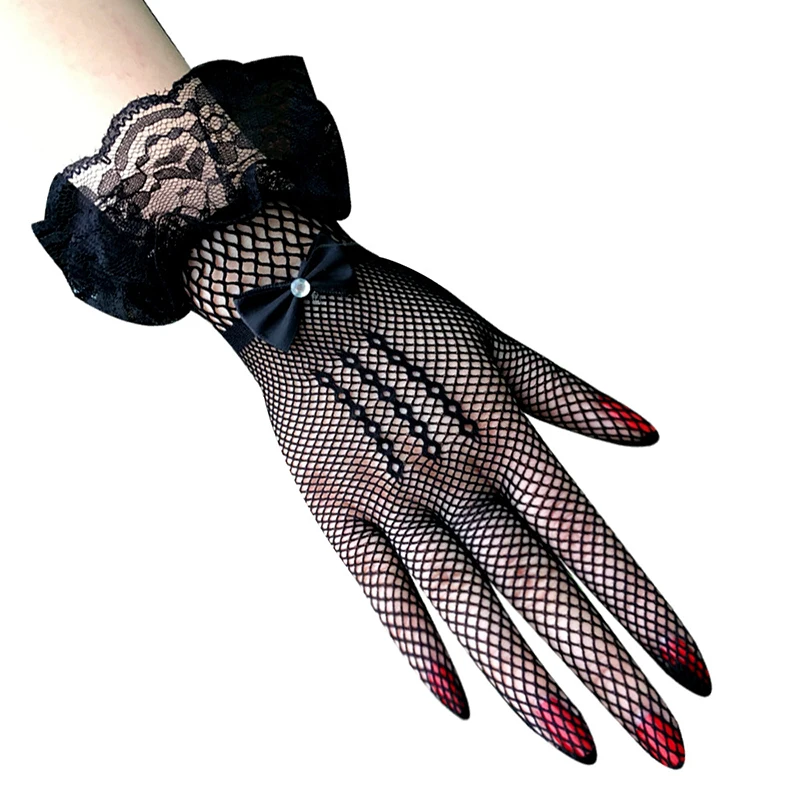 Lace Fashion Design Bridal Wedding Etiquette Gloves Women Black White Summer Uv-proof Driving Gloves Mesh Fishnet Gloves