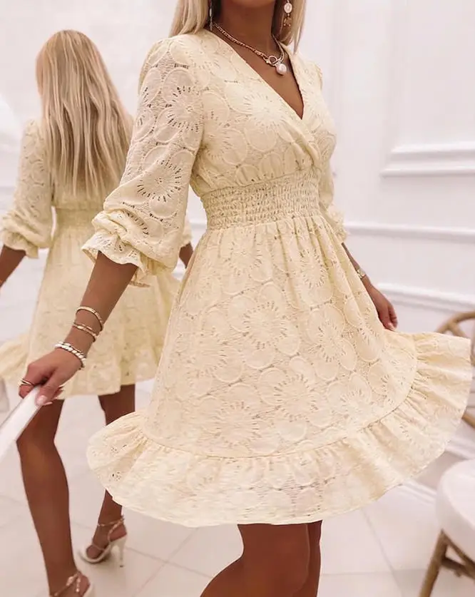 

Women Dress 2026 New Spring Solid Color V-Neck Three-Quarters Sleeve Shirred Cinched Waist Ruffled Hem Casual Mini Dress