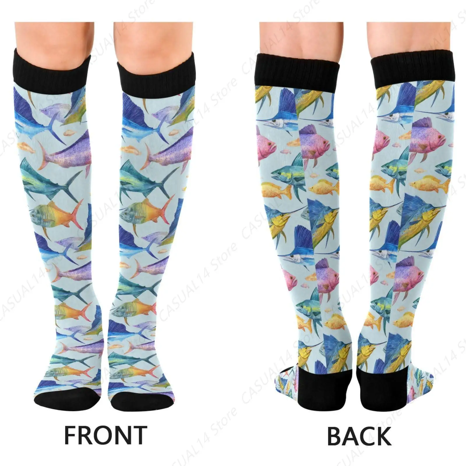 2 Pairs Various Fish Compression Socks Knee High Socks for Women & Men 15-20 mmHg Support for Athletic