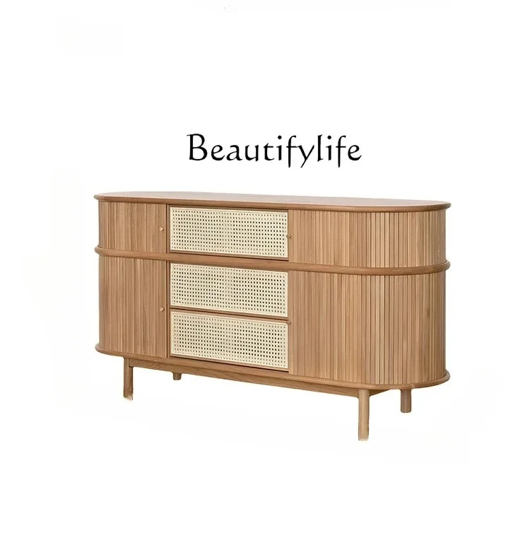 

S Nordic Solid Wood Rattan Vintage Shutter Entrance Cabinet Locker