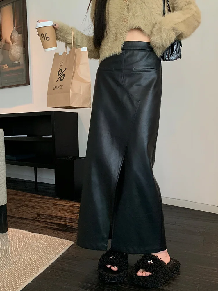 

2023 Genuine Leather Skirt Spring New Sheepskin Long Ankle Length Oblique Cut Large Split Slim Skirt for Women