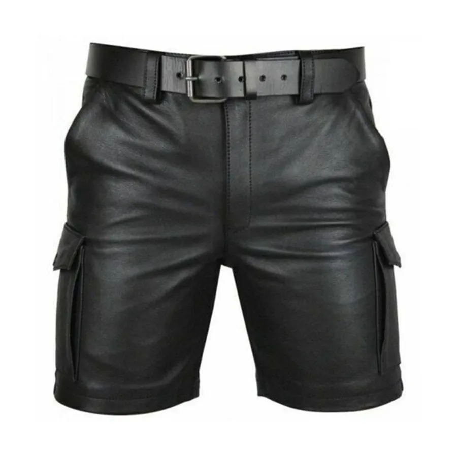 

Men's PU Leather Summer Shorts Black Street Style Handsome Motorcycle Faux Leather Half Pants Male Trend Club Punk Short Pants
