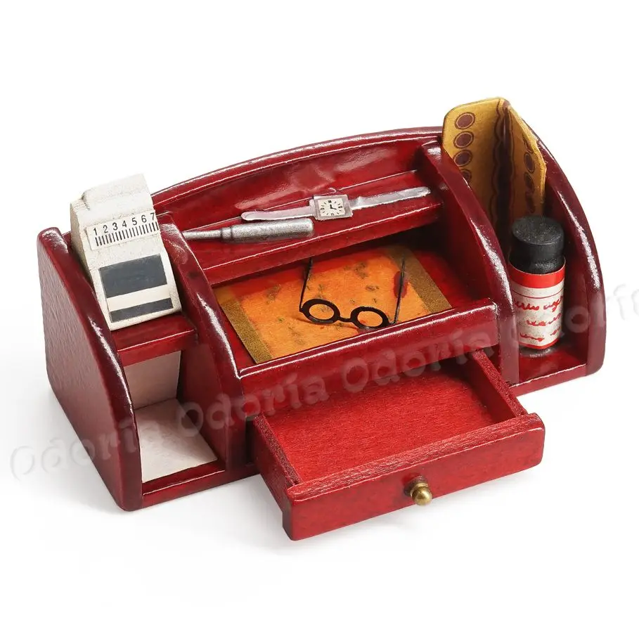

Odoria 1:12 Miniature Office Desk Stationery Multi-function Organizer Storage Box Wood Red Study Set Dollhouse Accessories Decor